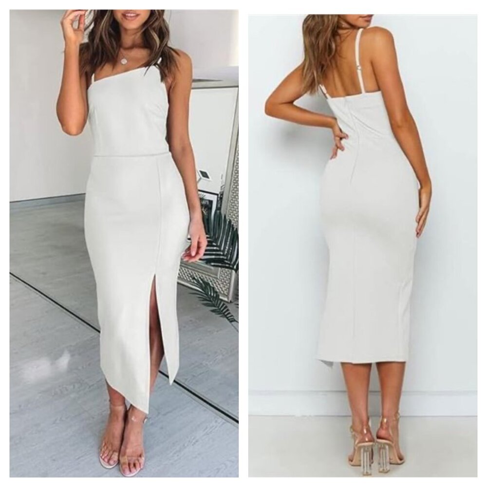 Sz M- NWT OWIN White Asymmetrical Neckline Side Split Sexy Bodycon‎ Midi Dress